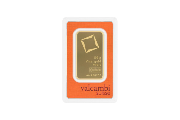 Valcambi Suisse 100g Gold Bar – Minted, Fine Gold 999.9 